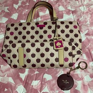 Kate Spade Cream and Brown Apple Print Satchel with free key chain gift!!